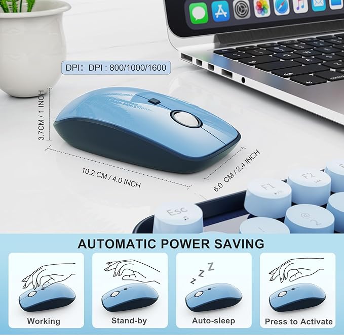 FOPETT Wireless Keyboard and Mouse Combo - 2.4G Full-Sized Cute Colorful Mouse and Keyboard with 104 Round Keys Retro Typewriter Keyboard for Laptop/Windows/PC - Blue Gradient