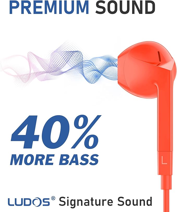 LUDOS FEROX Wired Earbuds in-Ear Headphones, 5 Year Warranty, Earphones with Microphone, Noise Isolation Corded for 3.5mm Jack Ear Buds for iPhone, Samsung, Laptop, Kids, School Students - Coral