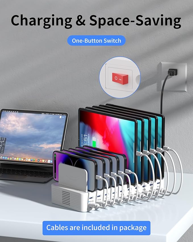 270W Charging Station for Multiple Devices, 20-Port USB Fast Charging Station with Adjustable Dividers & 10 Cables, Multi Device Organizer Charging Dock for iPhone, iPad, Tablets & More(White)