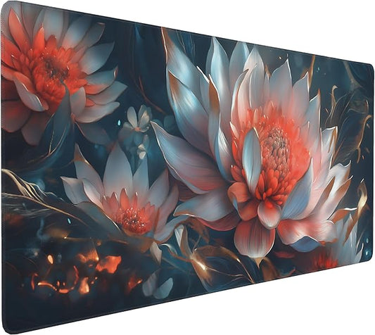 Floral Aesthetic Lotus Gaming Mouse Pad, Ink Blue Red Cyber Desk Mat with Anti-Slip Base & Stitched Edges,35.4" x 15.7" in Table Mat for Computer Desktop, Beautiful Workstation Decor