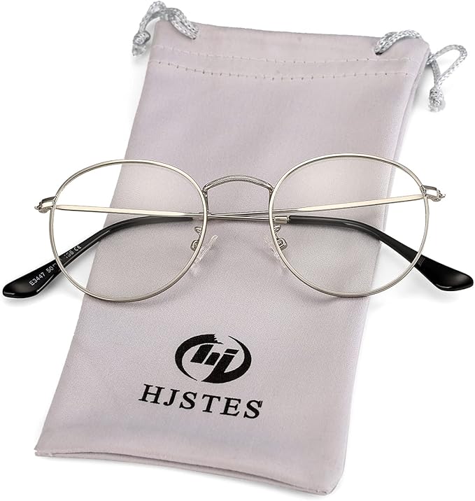 HJSTES Round Blue Light Glasses for Women Men Retro Circle Clear Lens Metal Frame Eyeglasses