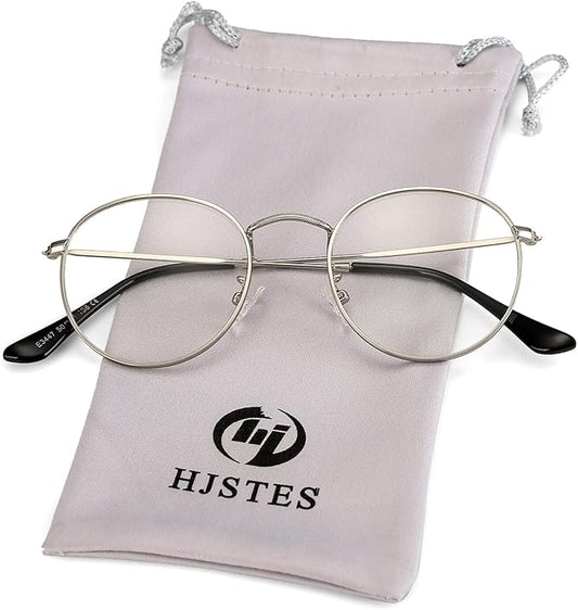 HJSTES Round Blue Light Glasses for Women Men Retro Circle Clear Lens Metal Frame Eyeglasses