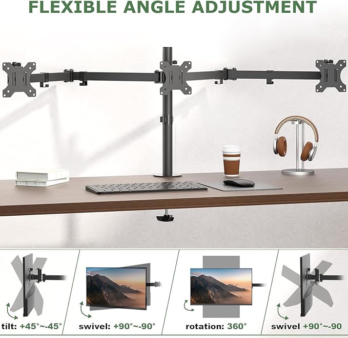 UPGRAVITY Triple Monitor Desk Mount,Three Monitors Stand Fits 3 Screens up to 27 inch,Load Bearing 17.6 lbs Per Arm,Fully Adjustable,Clamp & Grommet Mount,VESA Mount 75x75/100x100mm