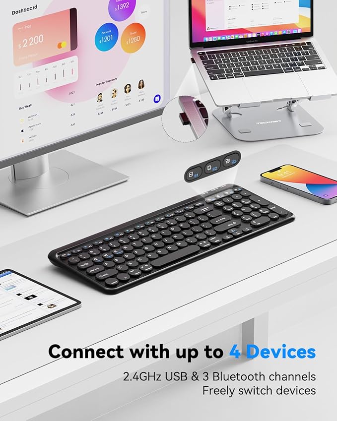 TECKNET Wireless Keyboard Bluetooth & 2.4G USB, Up to 4-Device Connection, USB C Rechargeable Battery, Quiet Typing, Compact Layout, 7° Ergonomic Tilt, Compatible with Windows/Android/iOS, Deep Back