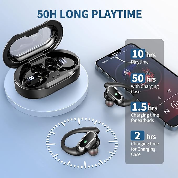 Wireless Earbuds, 2026 Bluetooth 5.4 Headphones Sport, 50Hrs HiFi Stereo Deep Bass Over-Ear buds with ENC Noise Cancelling Mic, IP7 Waterproof & LED Display Earphones with Earhooks for Workout/Running