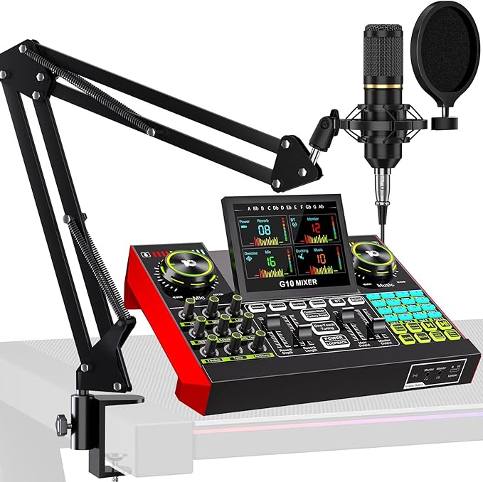 Podcast Microphone Bundle with Live Sound Card Audio Mixer, Podcast Equipment Bundle with 3.5mm Boom Mic for Pc/Phone Live Streaming Singing Gaming, Sound Board with Voice Changer, Denoise
