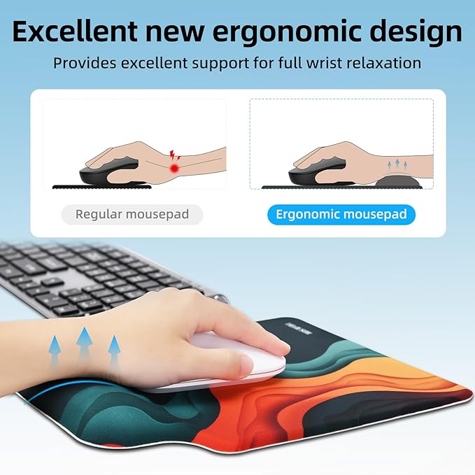 TIDALSOIL Ergonomic Mousepad with Slow-Rebound Memory Foam Wrist Rest - Ultra Smooth Surface, Non-Slip Base, Desk Essential for Office, Design, Gaming, 9.4"x8.1"
