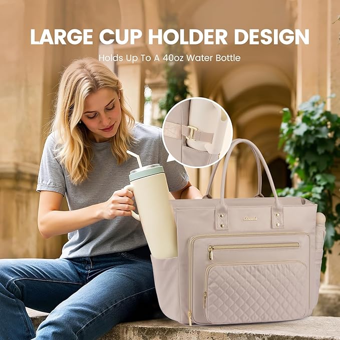 LOVEVOOK Teacher Tote Bag for Women Work, Laptop Bag With Large Cup Holder, Nurse Bags Professional Briefcase Business Computer Purses Handbag,Light Pink,15.6 Inch