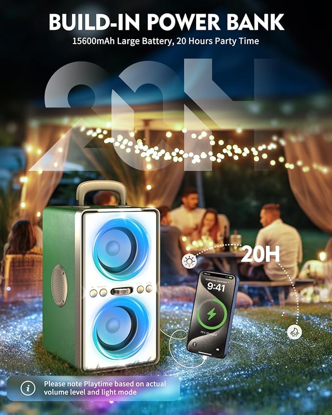 Bluetooth Speaker, 240W Peak Loud Party Speaker with Big Bass, 20H Playtime, TWS, BT5.3, Large Portable Wireless Boom Box with LED Light for Outdoor Backyard Beach Home (Leather Green)