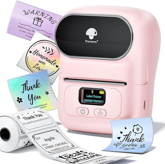 Memoqueen Thermal Label Maker - M110 Barcode Label Printer Portable Bluetooth Labeler Maker Machine for for Small Business, Address, Logo, Clothing, Mailing, with 40x30mm Label, Pink