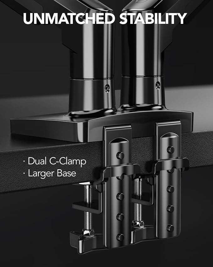 HUANUO FlowLift™ Dual Monitor Stand, Fully Adjustable Gaming Monitor Desk Mount for 13–30″ Computer Screens, Full Motion VESA 75x75/100x100 with C-Clamp & Grommet Base, Each Arm Holds 4.4 to 19.8 lbs