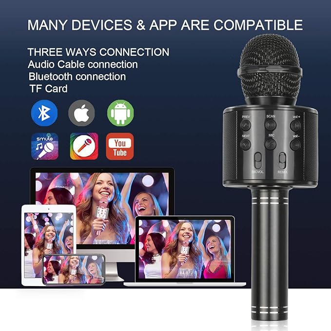 Best Gifts for Kids, Wireless Karaoke Microphone Bluetooth for Birthday Gifts for 4-12 Year Old Girls Boys for Girls Age 4-12 Christmas Xmas Stocking - Black
