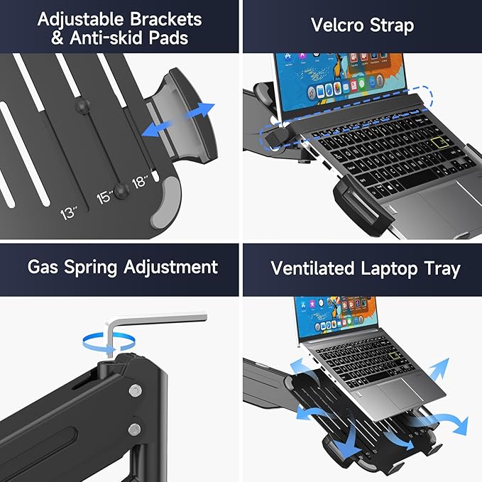 Suptek Laptop Desk Mount,Fully Adjustable Monitor and Laptop Mount Stand for 13-18 Inch Notebook and 17-32 inch Monitor Screen,Holds 22lbs with Vented Tray
