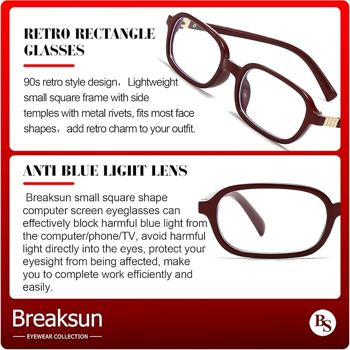 Breaksun Retro Rectangle Glasses for Women Men Small Square Blue Light Blocking Glasses Vintage Eyeglasses
