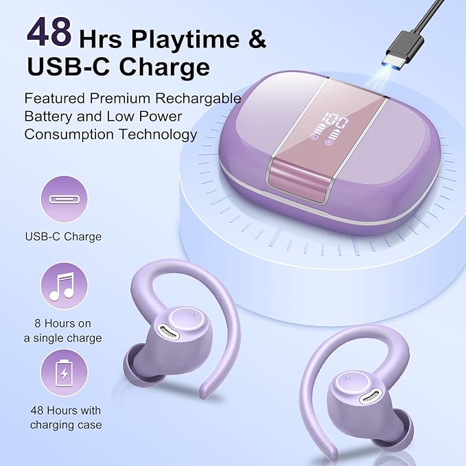 Wireless Earbuds Bluetooth 5.3 Headphones Sports, 48H Over Ear Buds with ENC Mic, Stereo Deep Bass Bluetooth Earbuds with Secure Earhooks, LED Display, IPX7 Waterproof Earphone for Running/Gym Purple