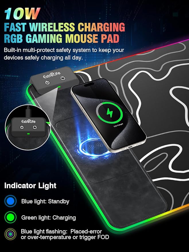 Wireless Charging RGB Gaming Mouse Pad, 31.5"x15.7" XXL Large Desk Mat, Desk Pad for Gamer, 9 Light Modes, Non-Slip Rubber Base, Waterproof, Computer Keyboard Mat, Black