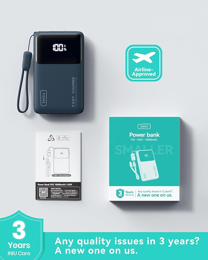 INIU Small Portable Charger, 45W PD Fast Charging 10000mAh Power Bank, Battery Pack with Attached USB C Cable, Travel Essentials Powerbank for iPhone 17 16 15 14 Pro Air, Xiaomi, Samsung S25, Blue