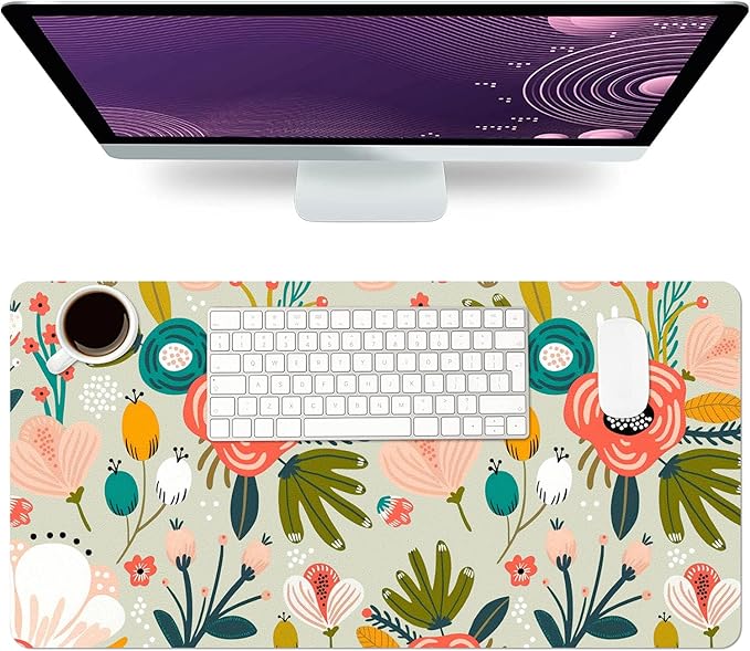 Desk Mat Large Protector Pad 23.6" ×11.8", Non-Slip PU Leather Desk Blotter, Waterproof Mouse Pad for Office Home Green Floral