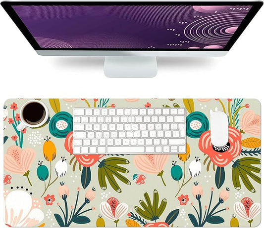 Desk Mat Large Protector Pad 31.5" ×15.7", Non-Slip PU Leather Desk Blotter, Waterproof Mouse Pad for Office Home Green Floral