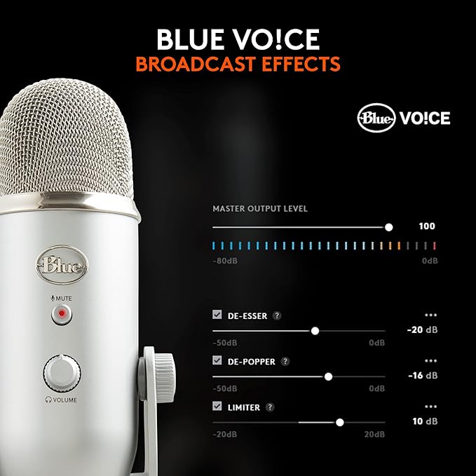 Logitech Creators Blue Yeti USB Microphone for PC, Mac, Gaming, Recording, Streaming, Podcasting, Studio and Computer Condenser Mic with Blue VO!CE Effects, 4 Pickup Patterns, Plug and Play - Silver