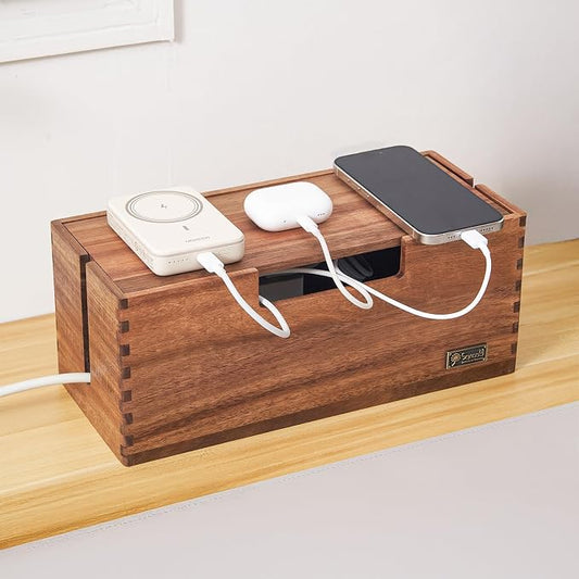 Cable Management Box, Acacia Wood Cord Hider Organizer for Power Strips, TV, Desk & Floor Wires, Under Desk Cable Storage Box for Office & Home by Unknown