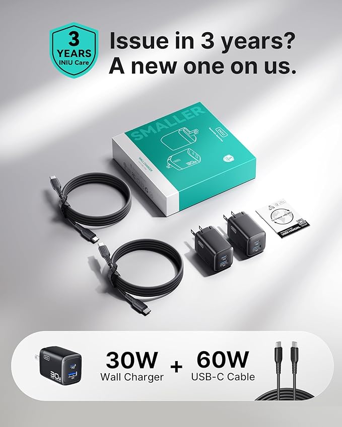 INIU for iPhone 17 Charger, 30W 2-Port Type C Charger Fast Charging, Foldable USB C Charger Block with USBC Cable for iPhone 17 16 15 Pro Max, MacBook Air 13 M4 iPad 13 11, Samsung S25 S24, Goodle etc