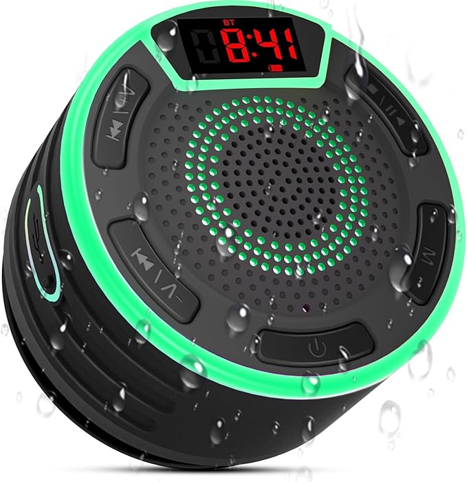 Bluetooth Speakers, IPX7 Waterproof Shower Speaker, Portable Speaker with LED Display, FM Radio, Suction Cup, Light Show, Built-in Mic, Best Gifts for Pool Beach Home Party Travel Outdoors