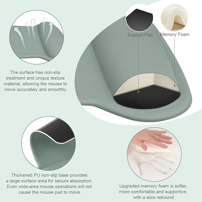 MOSISO Wrist Rest Support for Mouse Pad & Keyboard Set, Ergonomic Mousepad Non-Slip Base Home/Office Pain Relief & Easy Typing Cushion with Neoprene Cloth & Raised Memory Foam, Antique Green