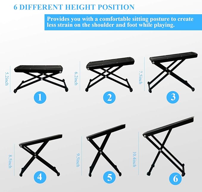 Guitar Foot Rest Stool Height Adjustable Footstool Excellent Stability with Rubber End Caps and Non-Slip Rubber Pad for Classical Guitar