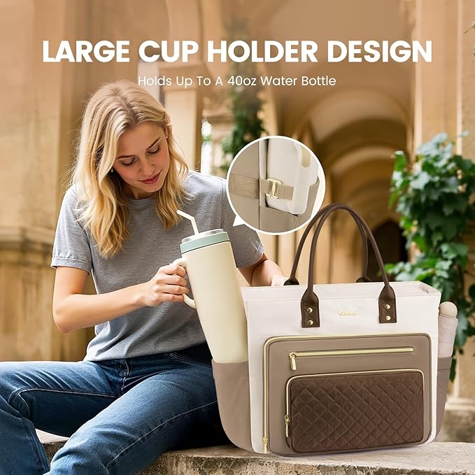 LOVEVOOK Teacher Tote Bag for Women Work, Laptop Bag With Large Cup Holder, Nurse Bags Professional Briefcase Business Computer Purses Handbag Gifts,Khaki-Beige-Coffee,15.6 Inch