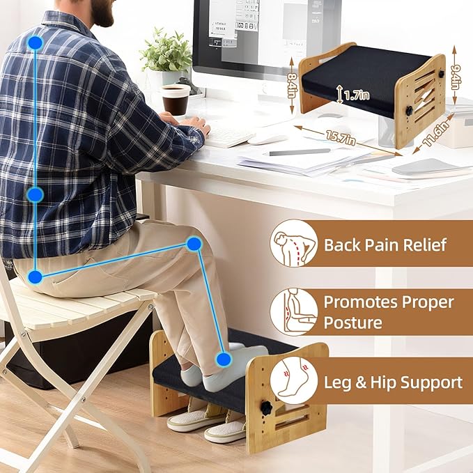 Myplace Bamboo Adjustable Under Desk Footrest with Memory Foam Pad - Ergonomic Foot Rest with 7-Level Adjust, Slanted Foot Rest Stool for Home Office Kitchen Bedroom (Burlywood)
