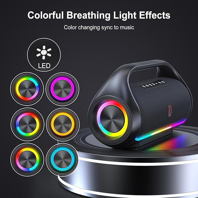 Bluetooth Speaker, IPX5 Waterproof Portable Bluetooth Speaker with Powerful Bass & LED Lights, BT5.3, Wireless Stereo Pairing for Home Party, Beach, Outdoor Camping, Support USB/TF Card/AUX/TWS