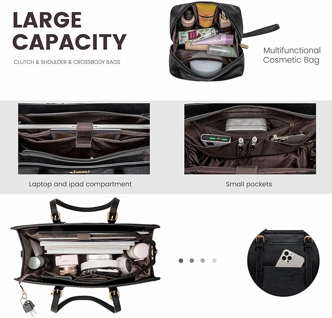 LOVEVOOK Laptop Bag for Women Vintage Leather Laptop Tote 17.3 inch Large Capacity Computer bag with Clutch Purse for Work