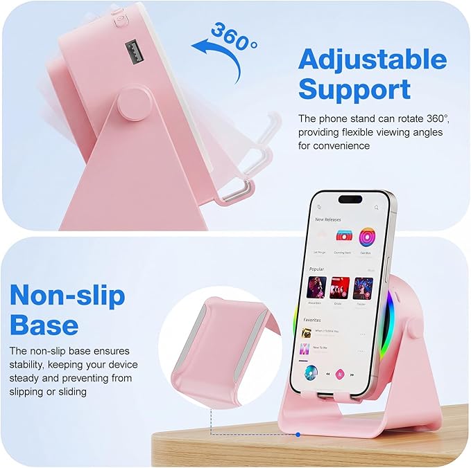 TARKARI Wireless Induction Speaker, 5 in 1 Bluetooth Speaker with 360 Rotation Cell Phone Stand and Colorful Ambient Light, Compatible with iPhone iPad Android Tablet, Birthday Gifts for Women Men