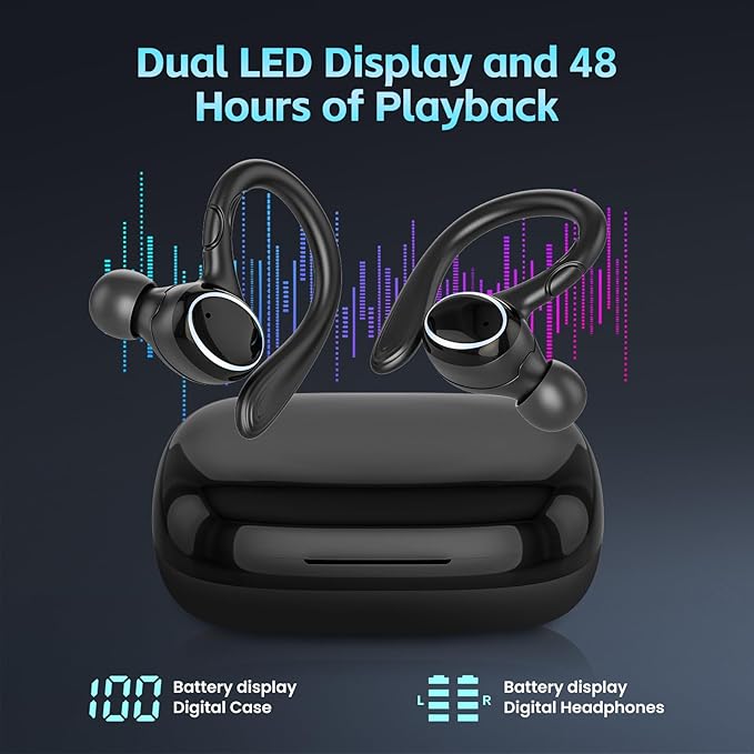 Wireless Earbuds Bluetooth 5.3 Headphones Stereo Ear Buds, ENC Noise Cancelling Mic,IPX7 Waterproof Earphones with Hook for Android iOS Smart Phone Laptop Computer Sports - Black