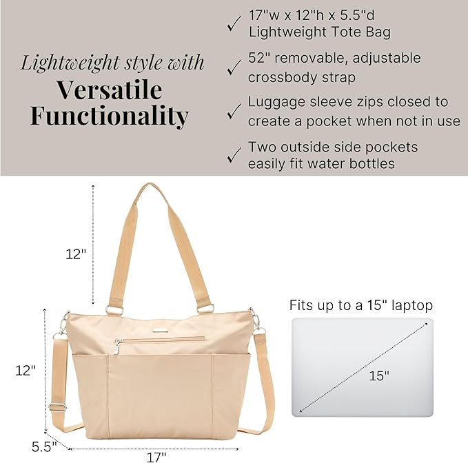 Baggallini Essential Laptop Tote - Work Tote Bag with Laptop Sleeve - Lightweight Travel Crossbody Shoulder Bag for Women