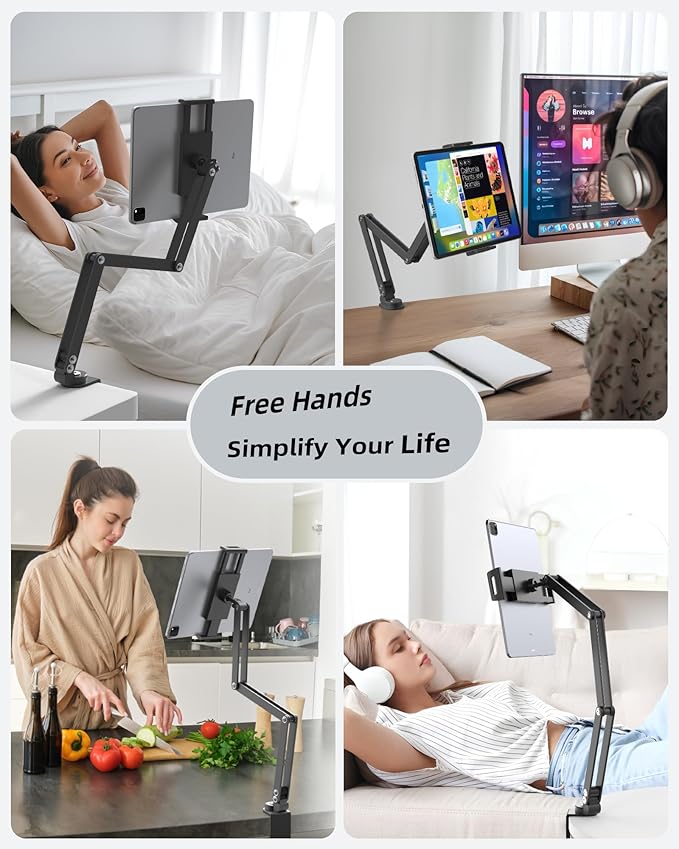 Foldable Flexible Tablet Stand Holder for Desk, 360° Adjustable iPad Arm Mount, Portable Monitor 15.6 Stand, Premium Phone Holder Compatible with iPad 13/12.9/11 Mini/10/9th, Samsung, Kindle