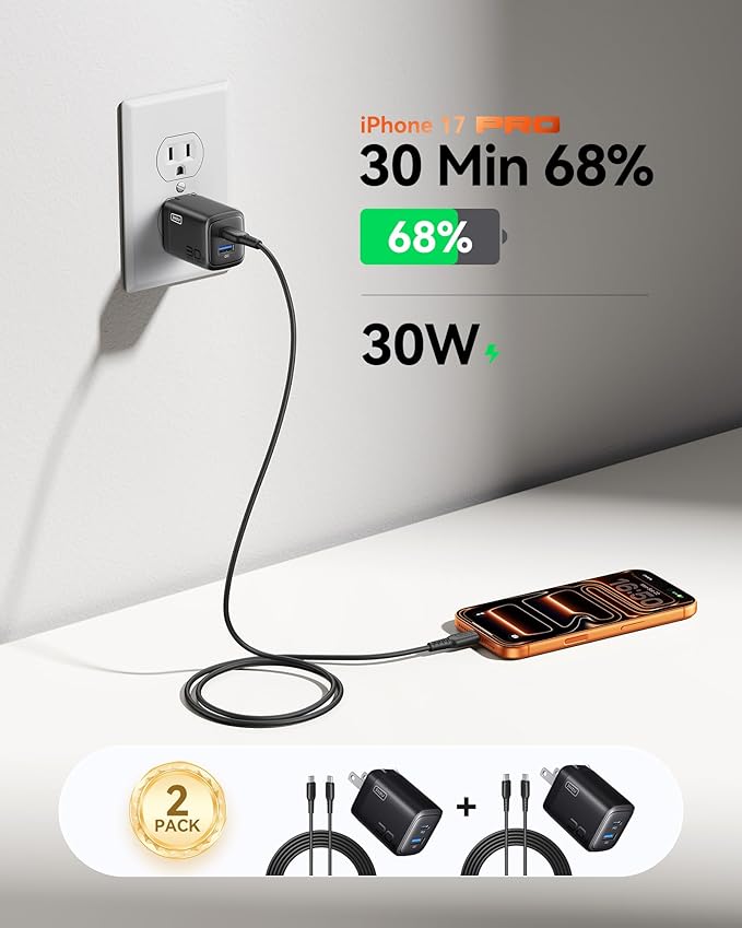 INIU USB C Charger, 2-Pack 30W PD QC Fast Charging Type C Charger Block With 5ft USB-C Cable, Compact USB C Wall Charger With Foldable Plug For iPhone 17 Pro Max, Samsung S25, Commuter, Travel, Yellow