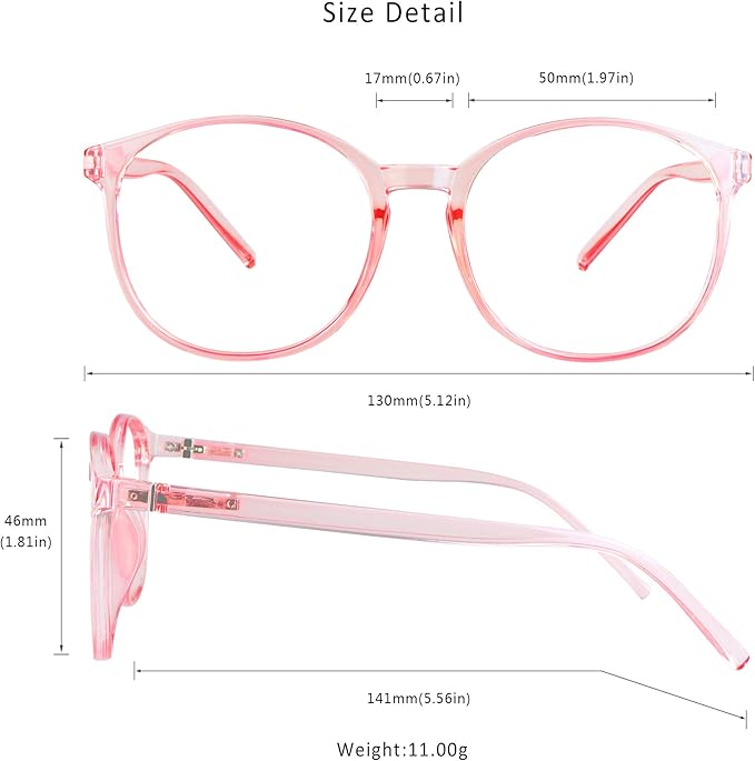 LifeArt Round Blue Light Blocking Glasses, Computer Glasses, Gaming Glasses, TV Glasses for Women Men (Clear Pink, 3.25 Magnification)