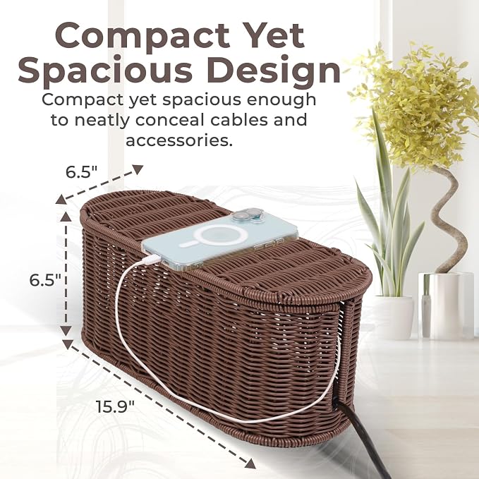 Cable Management Box, Handmade Rattan Cable Organizer, 2 Open Slots Cords Hider Box, Under Desk Cord Organizer for Computer Router USB Hub & Power Strip, Patent Pending, 15.9" x 6.5" x 6.5", Brown - Image 2