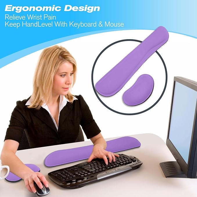 Keyboard Wrist Rest and Mouse Wrist Rest Set - Ergonomic Memory Foam Wrist Cushion - for Wrist Support on Computer, Laptop, Office, Playing Games, Typing Relieves Wrist Pain Purple