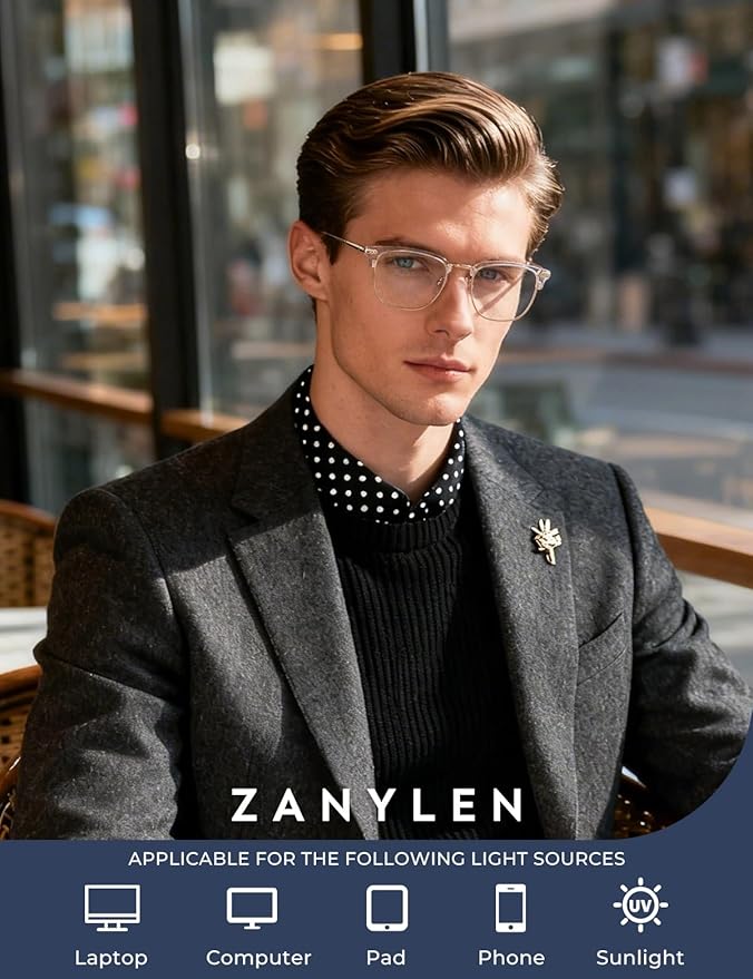 ZanyLen Blue Blocker Glasses for Men Metal Browline Computer Gaming Glasses Filter Blue Ray