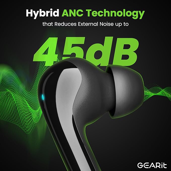 GEARit True Wireless Bluetooth Earbuds Compatible with iPhone, Android - 22H Playtime Earpods w/Active Noise Cancellation Up to 98.5% - HD Sound Clarity, Smart Touch Control - 5.4 Bluetooth Ear Buds