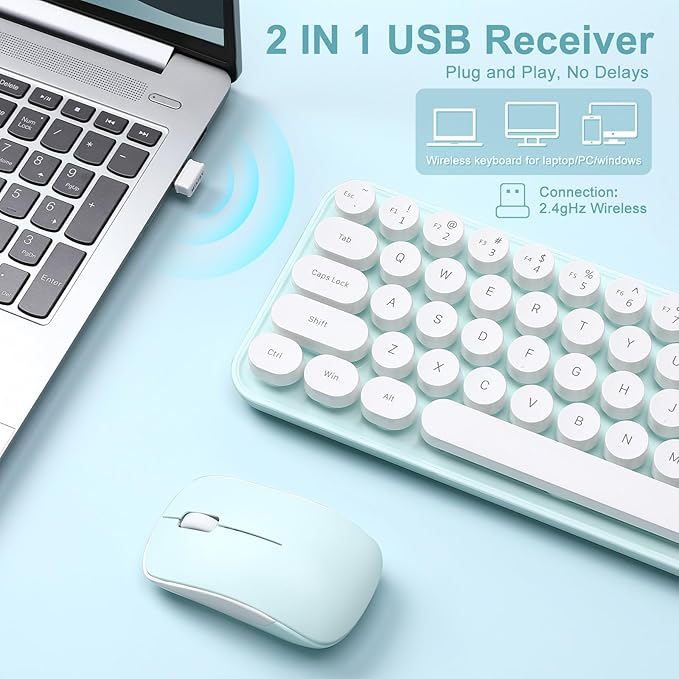 i68 Wireless Typewriter Keyboard and Mouse Combo,2.4GHz Cordless Connection, Cute Retro Aesthetic Design Round Keycaps for Tablet, Phone, PC and Win/Mac/Android(Green)
