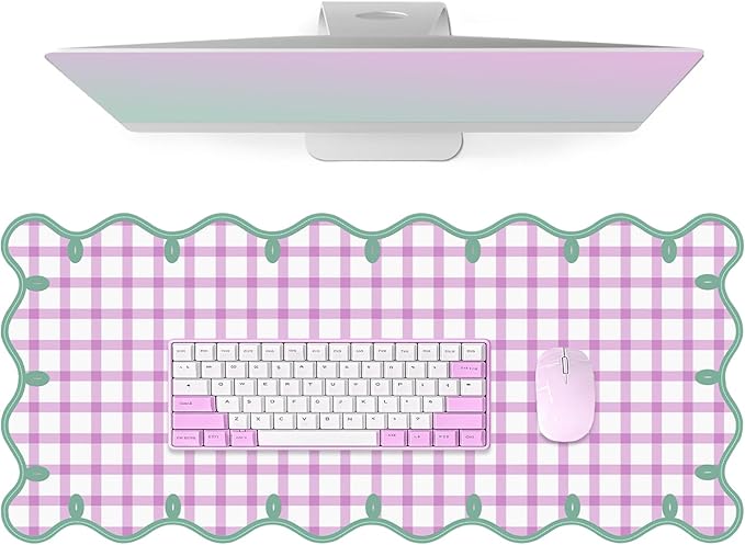 Leather Desk Pad, Desk Mat Mouse Pad, Non-Slip Mousepad Waterproof PU Table Blotter for Computer Laptop Extra Large Keyboard Mat for Women Girl Office Home Dorm, Green Scalloped +Hot Pink Checkered
