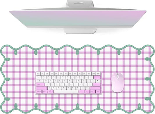 Leather Desk Pad, Desk Mat Mouse Pad, Non-Slip Mousepad Waterproof PU Table Blotter for Computer Laptop Extra Large Keyboard Mat for Women Girl Office Home Dorm, Green Scalloped +Hot Pink Checkered