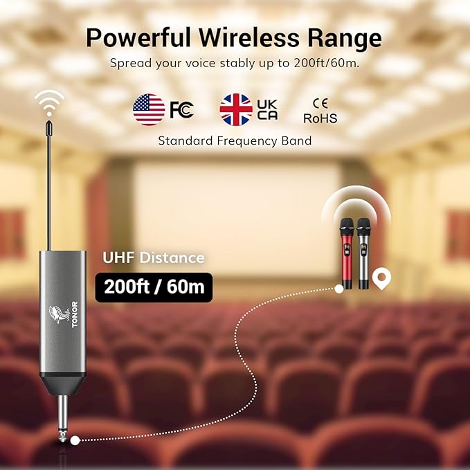TONOR Wireless Microphones, Cordless Mic with Rechargeable Receiver, 200ft Range UHF Handheld Dynamic Microfonos Inalambricos Professional for Karaoke Singing Party Wedding Church TW630 Silver&Red