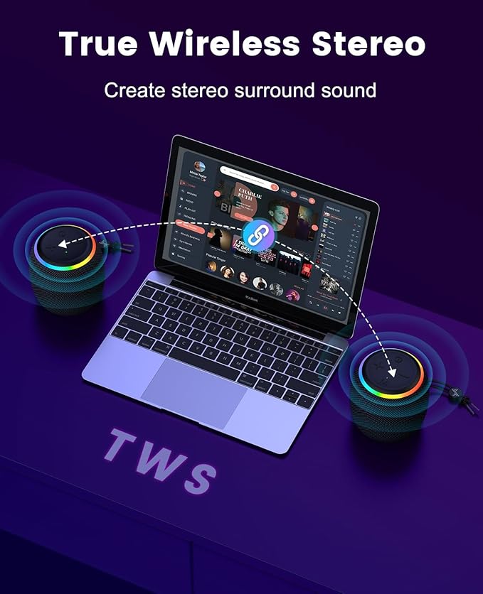 LENRUE Portable Bluetooth Speakers, Wireless Speakers with TWS, IPX5 Waterproof, Colorful Lights, Support Type C and TF Card, Portable for Shower, Travel, Party