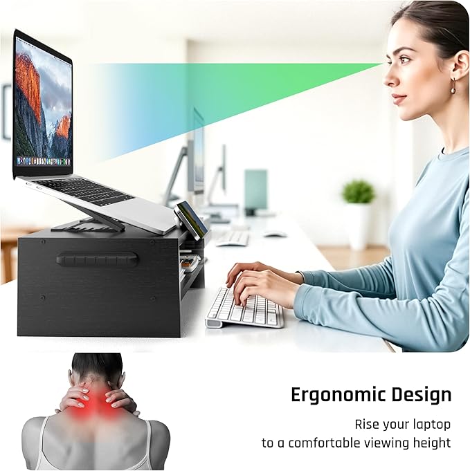 AFOOYO Adjustable Wood Laptop Stand, Ergonomic Height Angles Computer Holder Riser for Desk Compatible with Air, Pro, Dell, HP, Lenovo More 10-17.3" Laptops, Black