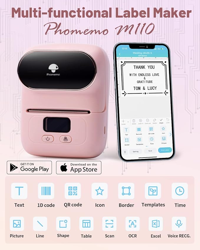Memoqueen Thermal Label Maker - M110 Barcode Label Printer Portable Bluetooth Labeler Maker Machine for for Small Business, Address, Logo, Clothing, Mailing, with 40x30mm Label, Pink